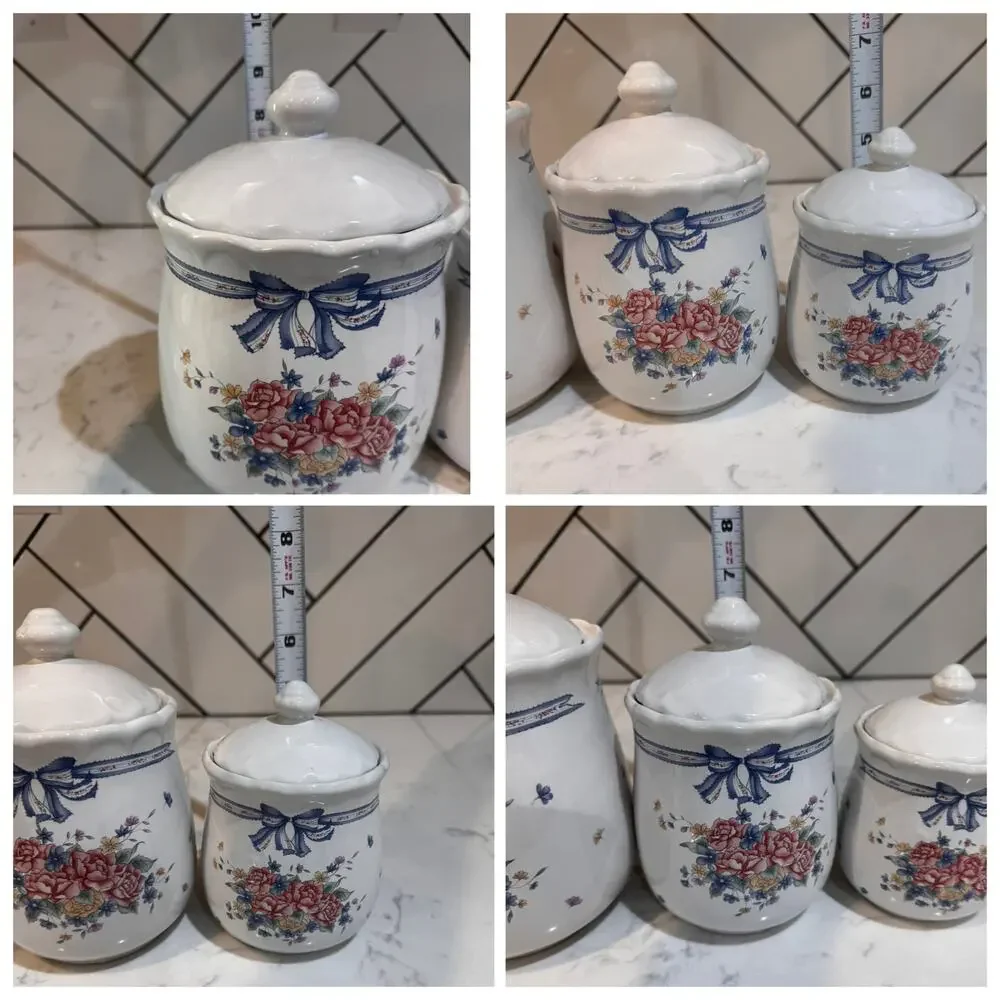 four ceramic kitchen canisters floral bouquet blue ribbon bow 90s cotton prairie